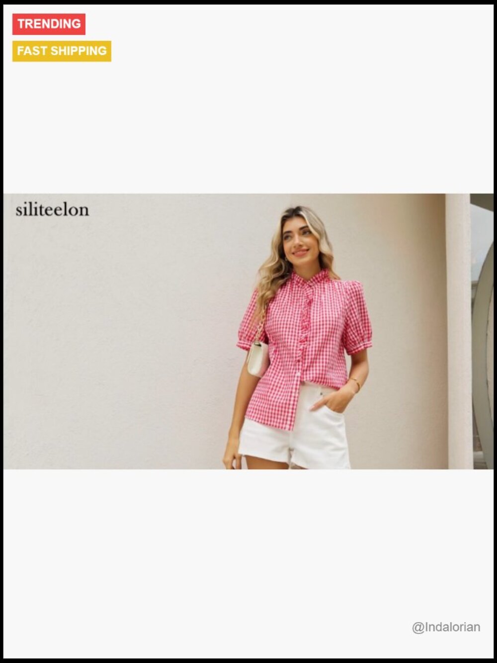 Cotton Plaid Gingham Short Sleeve Button Down Ruffle V Neck Blouse Shirt - Picture 7 of 7